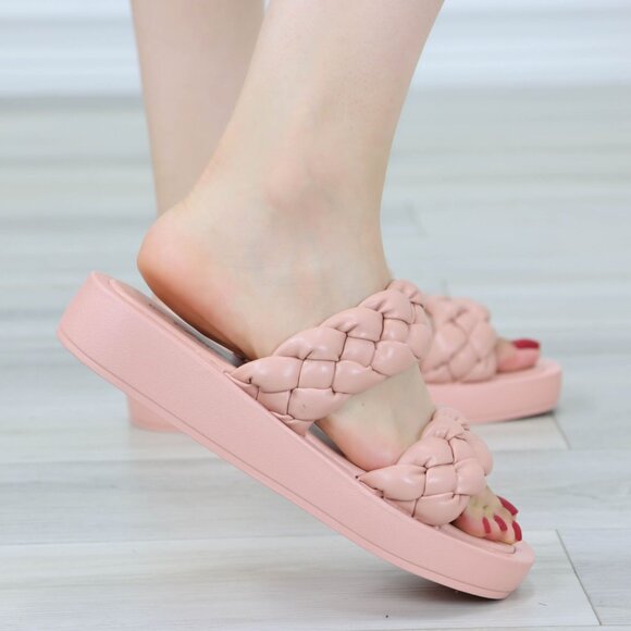 Open Toe Flip Flops Slide Sandal Faux Leather Braided Straps Slipper Slip On - Picture 11 of 13